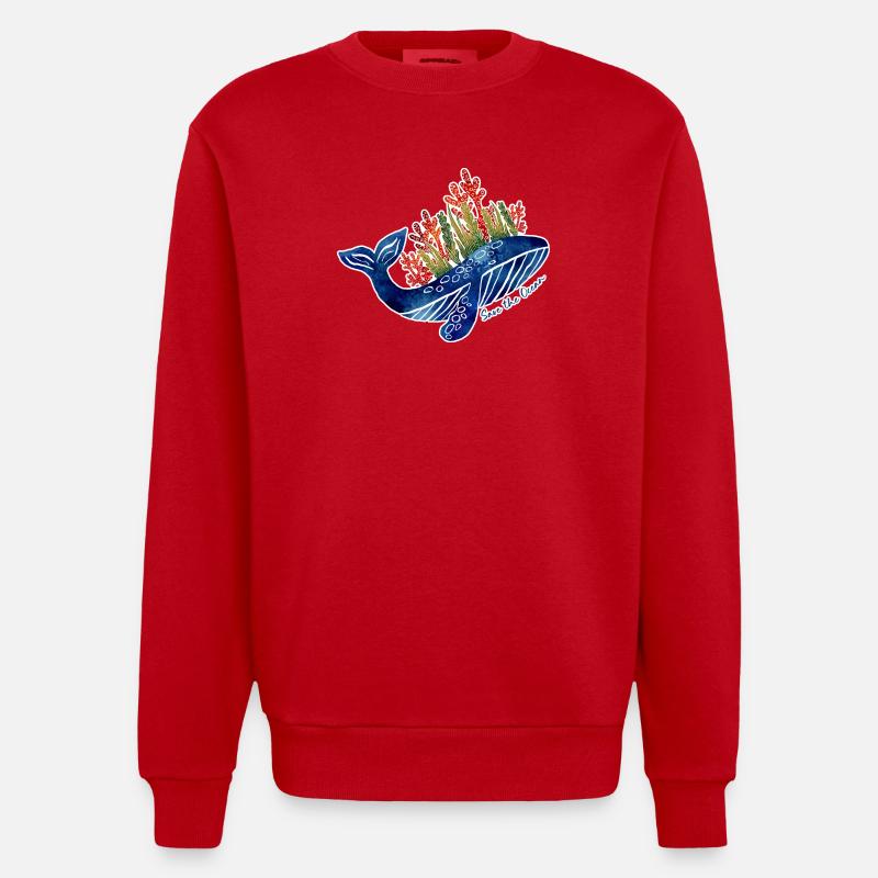 Illustration de baleine avec du corail | Protéger la mer - Sweat bio épais oversize fabriqué en UE - rouge