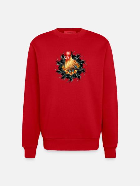 magnificent rooster in feather frame - Heavyweight Oversized Organic Crew Neck Made in EU - red