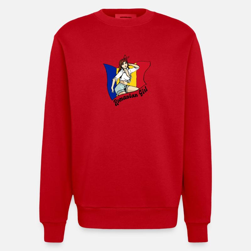 Rumänisches Mädchen Flaggen Design - Heavyweight Oversized Organic Crew Neck Made in EU - Rot