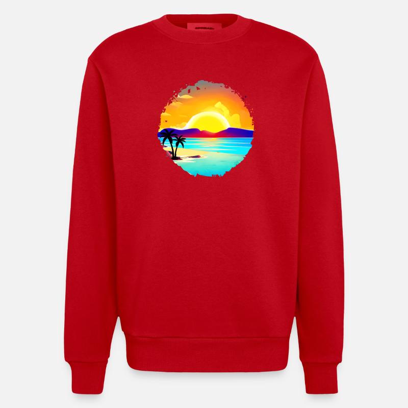 Aquarelle de plage de coucher de soleil d’été - Sweat bio épais oversize fabriqué en UE - rouge