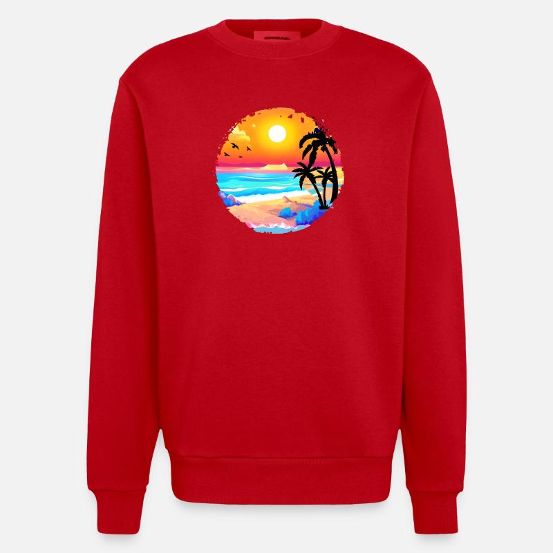 Aquarelle de plage de coucher de soleil d’été - Sweat bio épais oversize fabriqué en UE - rouge