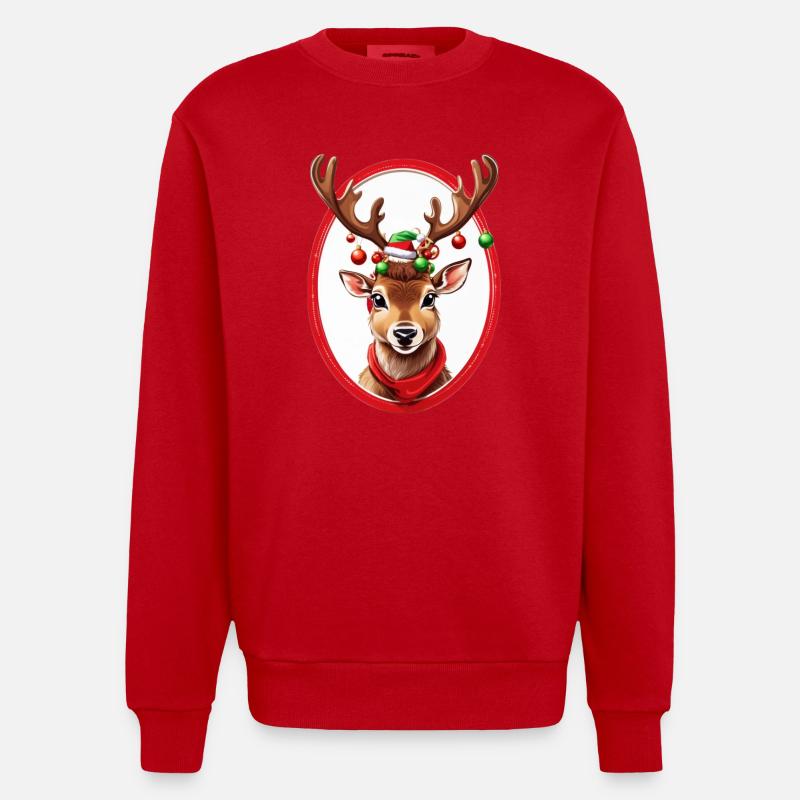 Rentier mit Weihnachtskugeln - Heavyweight Oversized Organic Crew Neck Made in EU - Rot