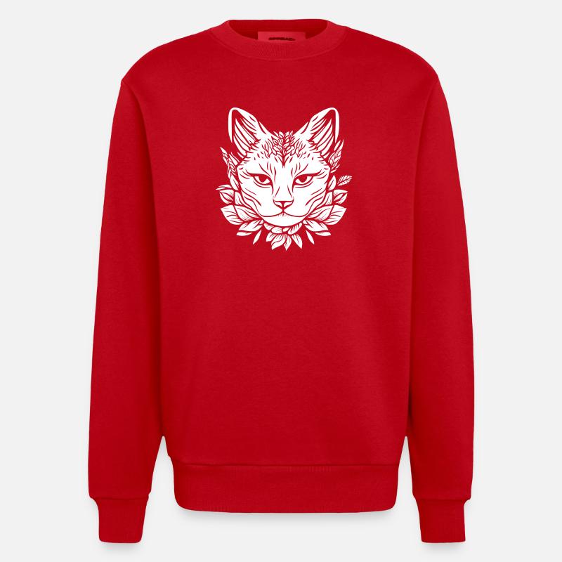 Katzen Kopf mit Blättern Design - Heavyweight Oversized Organic Crew Neck Made in EU - Rot