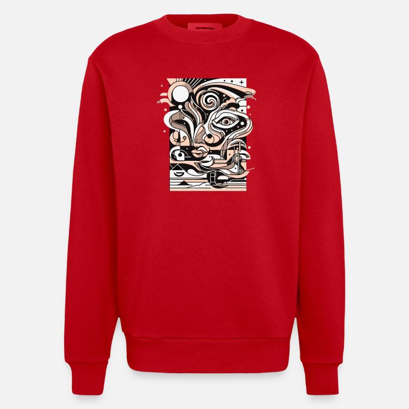 Surreal Line Face Pattern - Heavyweight Oversized Organic Crew Neck Made in EU - red