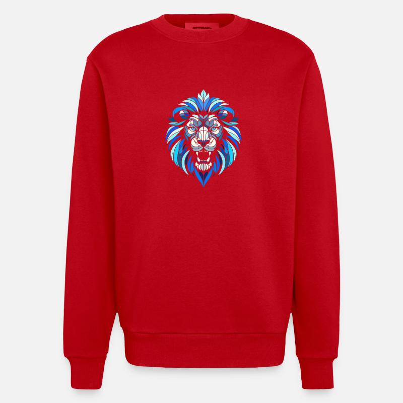 blue lion head, geometric patterns, polygons - Heavyweight Oversized Organic Crew Neck Made in EU - red