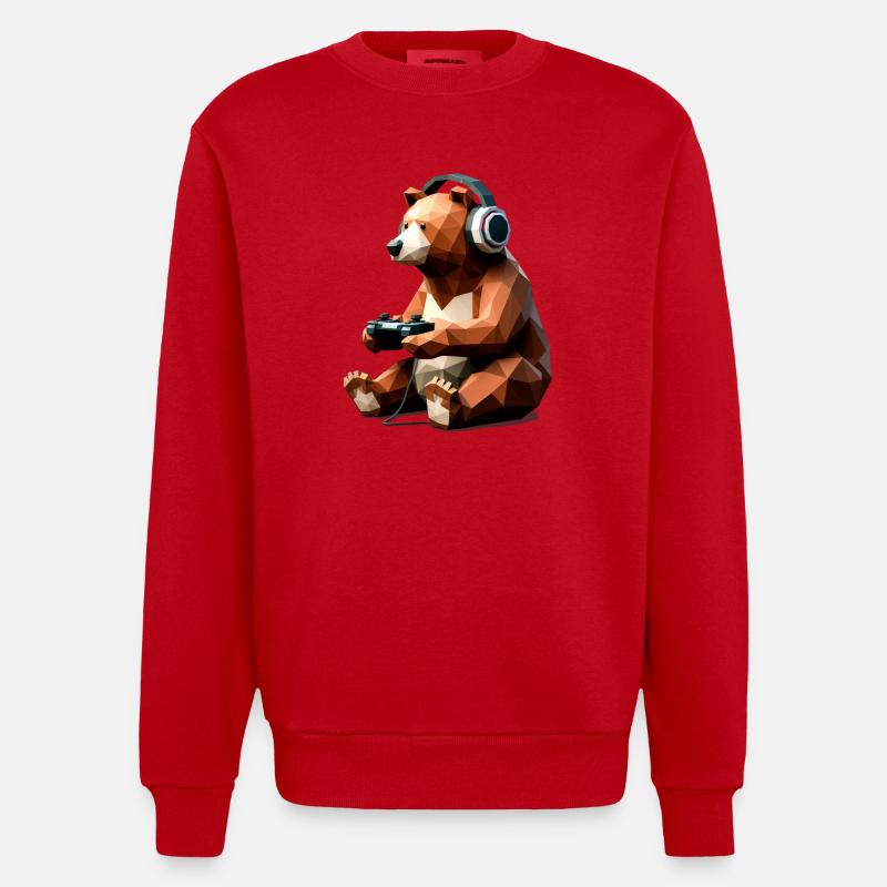 Gaming Bär mit Headset & Controller - Heavyweight Oversized Organic Crew Neck Made in EU - Rot