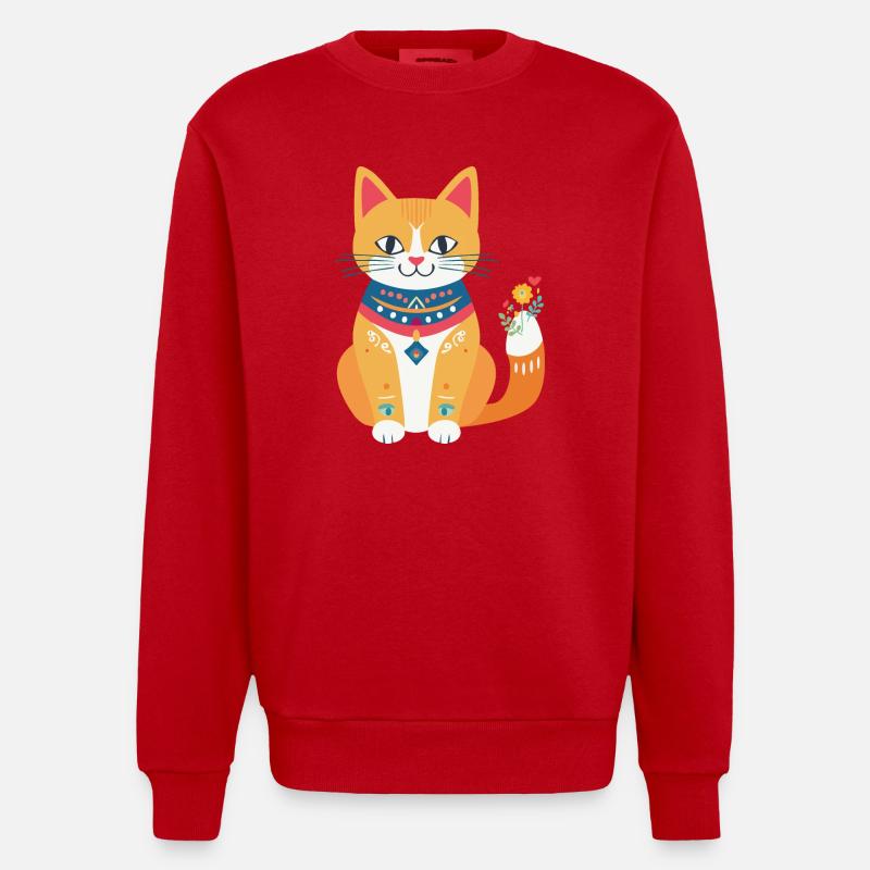 mignon chat folklore - Sweat bio épais oversize fabriqué en UE - rouge