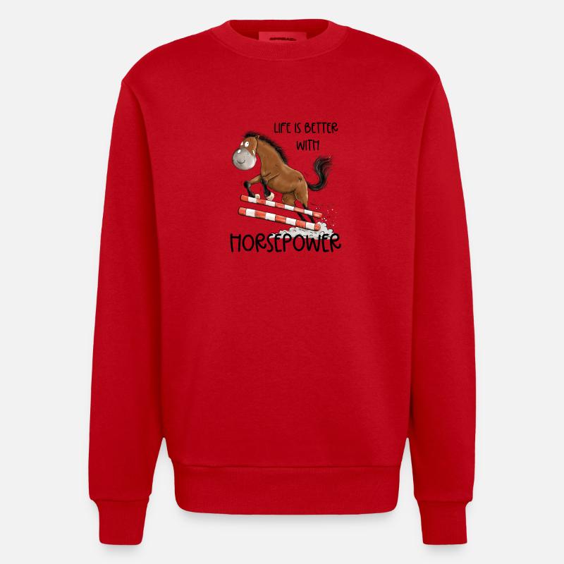 Witziges Springpferd Springreiten Tunier Pferd - Heavyweight Oversized Organic Crew Neck Made in EU - Rot