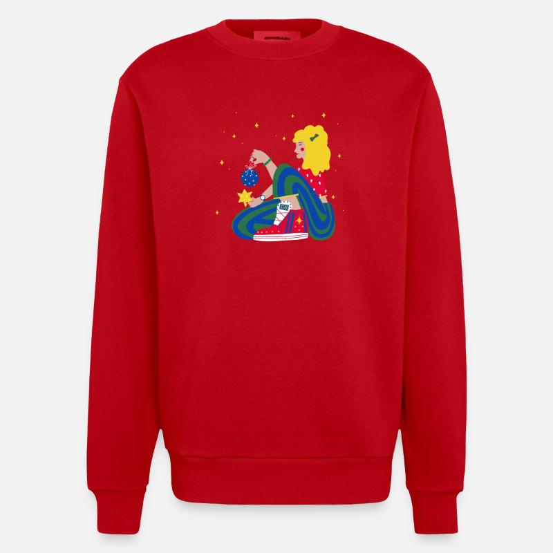 Fille de Noël avec des étoiles rouge-bleu-vert - Sweat bio épais oversize fabriqué en UE - rouge