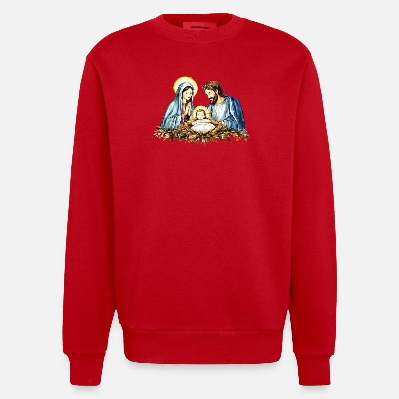 Weihnachtspullover Weihnachten an der Krippe Jesus - Heavyweight Oversized Organic Crew Neck Made in EU - Rot