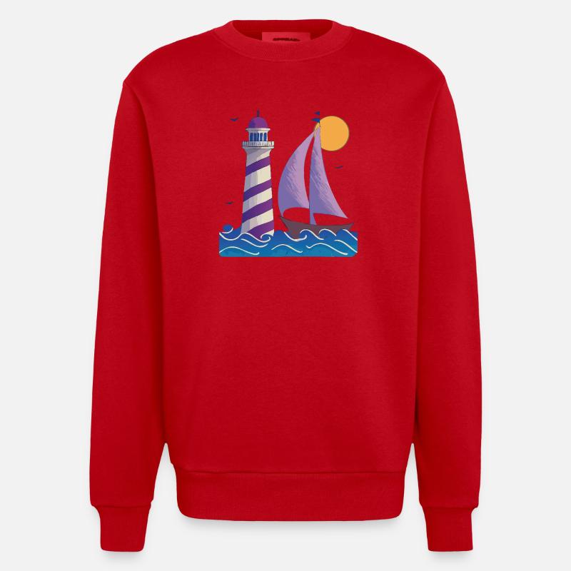 Leuchtturm mit Boot - Heavyweight Oversized Organic Crew Neck Made in EU - Rot