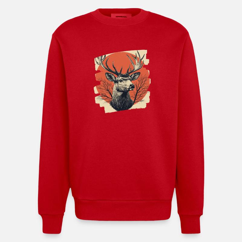 Cerf avec bois - Sweat bio épais oversize fabriqué en UE - rouge