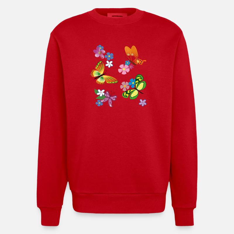 Fleurs, Fleurs, Papillon - Sweat bio épais oversize fabriqué en UE - rouge
