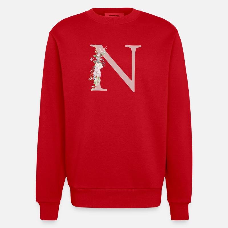 N Monogramm, Floral, personalisierbar - Heavyweight Oversized Organic Crew Neck Made in EU - Rot