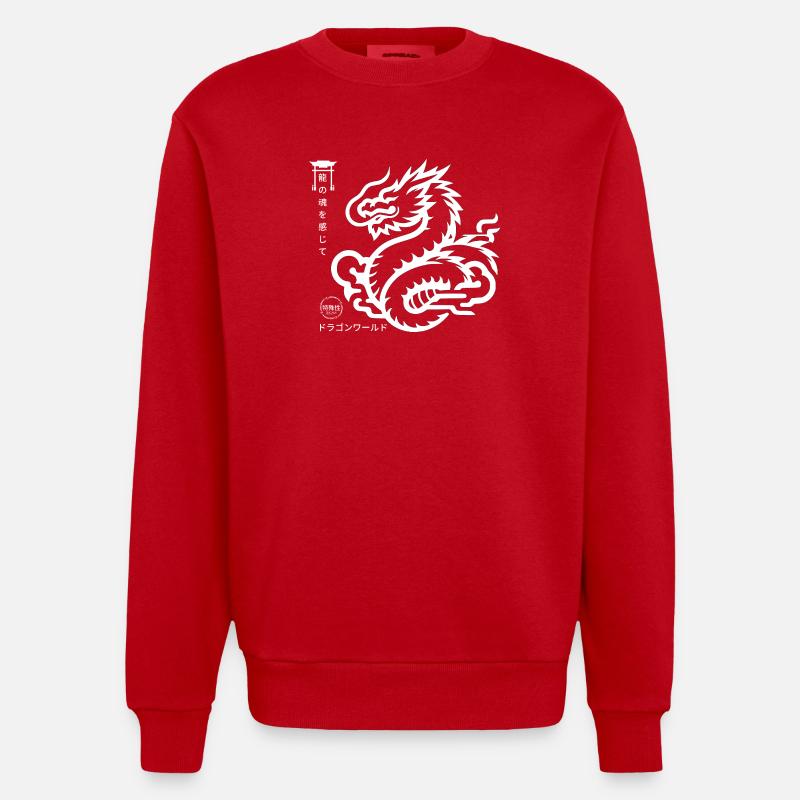 Japanese Dragon with Japanese Script - Heavyweight Oversized Organic Crew Neck Made in EU - red