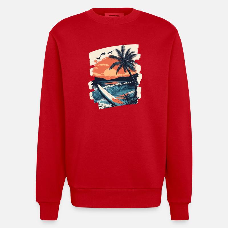 Beach Palm Trees Sunset Summer - Heavyweight Oversized Organic Crew Neck Made in EU - red