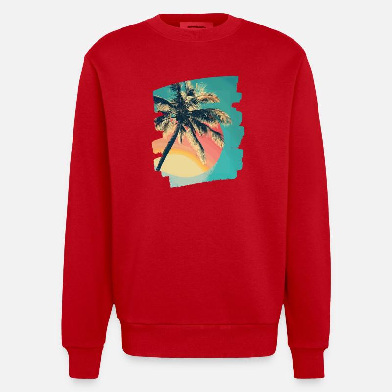 Palm Tree Sunset Summer Sun - Heavyweight Oversized Organic Crew Neck Made in EU - red