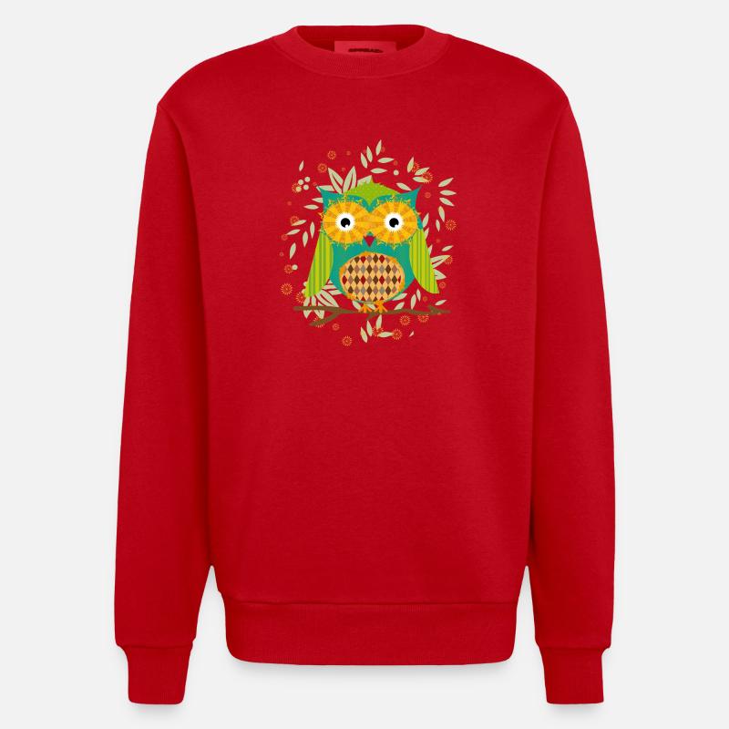 kunstvoll gestaltete Eule mit Patchwork-Muster - Heavyweight Oversized Organic Crew Neck Made in EU - Rot