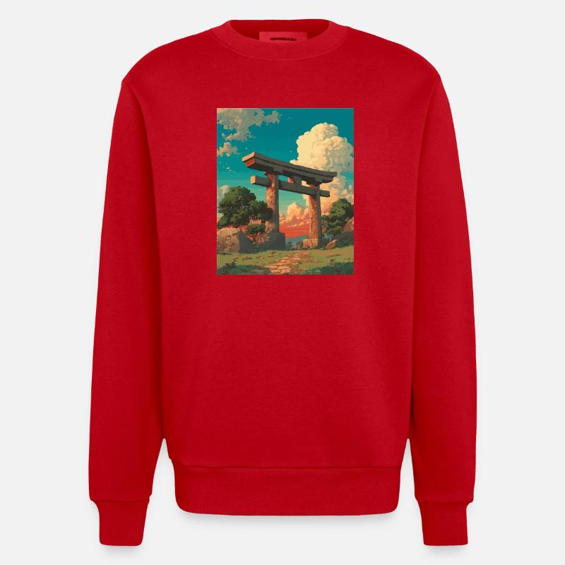Sunset Behind Traditional Torii Gate - Heavyweight Oversized Organic Crew Neck Made in EU - red