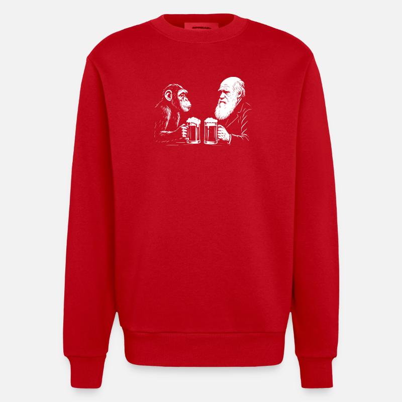 Charles Darwin trinkt Bier mit Affe - Heavyweight Oversized Organic Crew Neck Made in EU - Rot