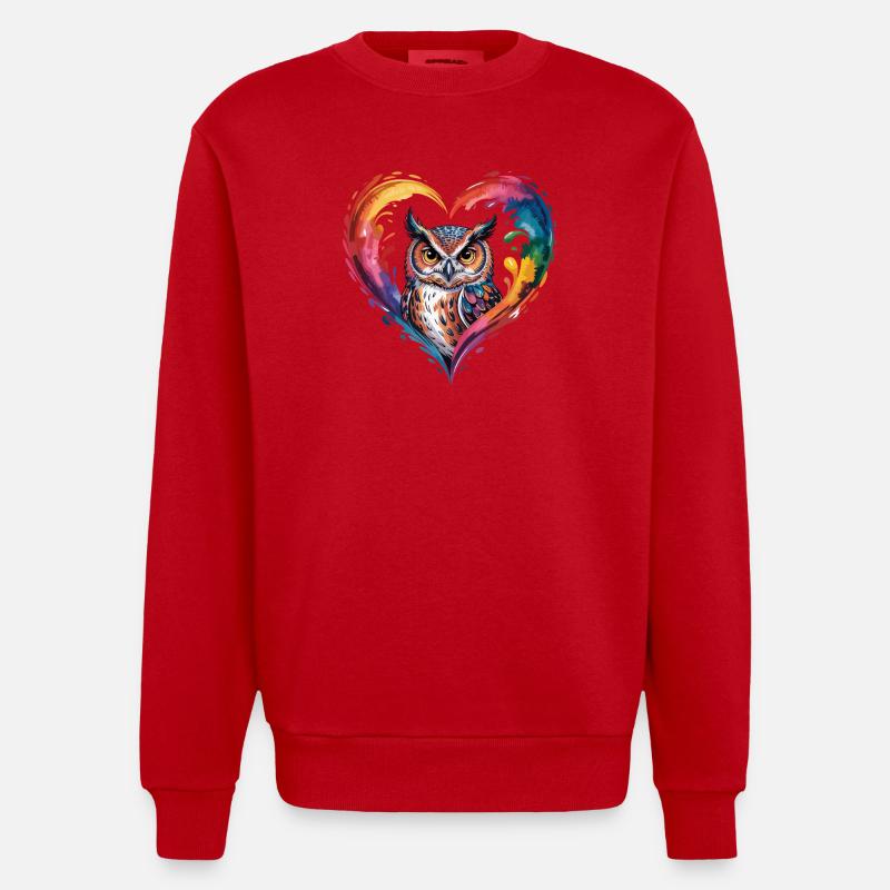 Farbige Eule Herz Design - Heavyweight Oversized Organic Crew Neck Made in EU - Rot