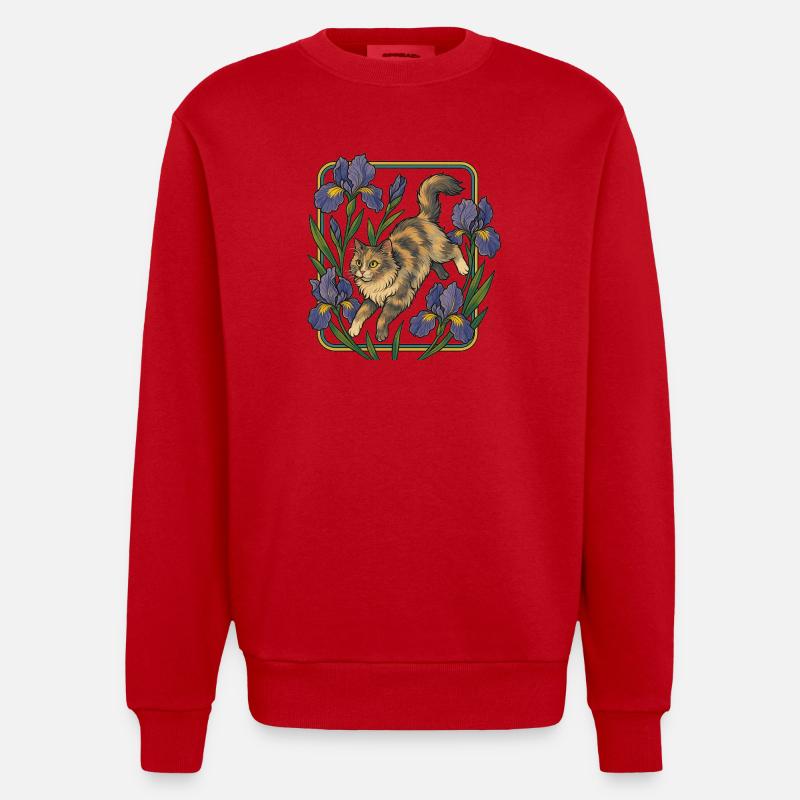 Chat élégant parmi les fleurs d'iris - Sweat bio épais oversize fabriqué en UE - rouge
