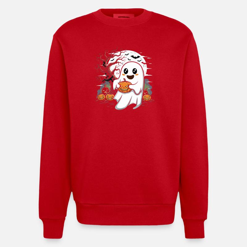 Cute Ghost with Jack-O-Lantern - Heavyweight Oversized Organic Crew Neck Made in EU - red