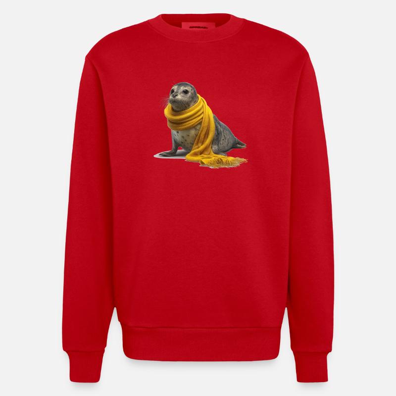 Phoque mignon avec écharpe jaune - Sweat bio épais oversize fabriqué en UE - rouge