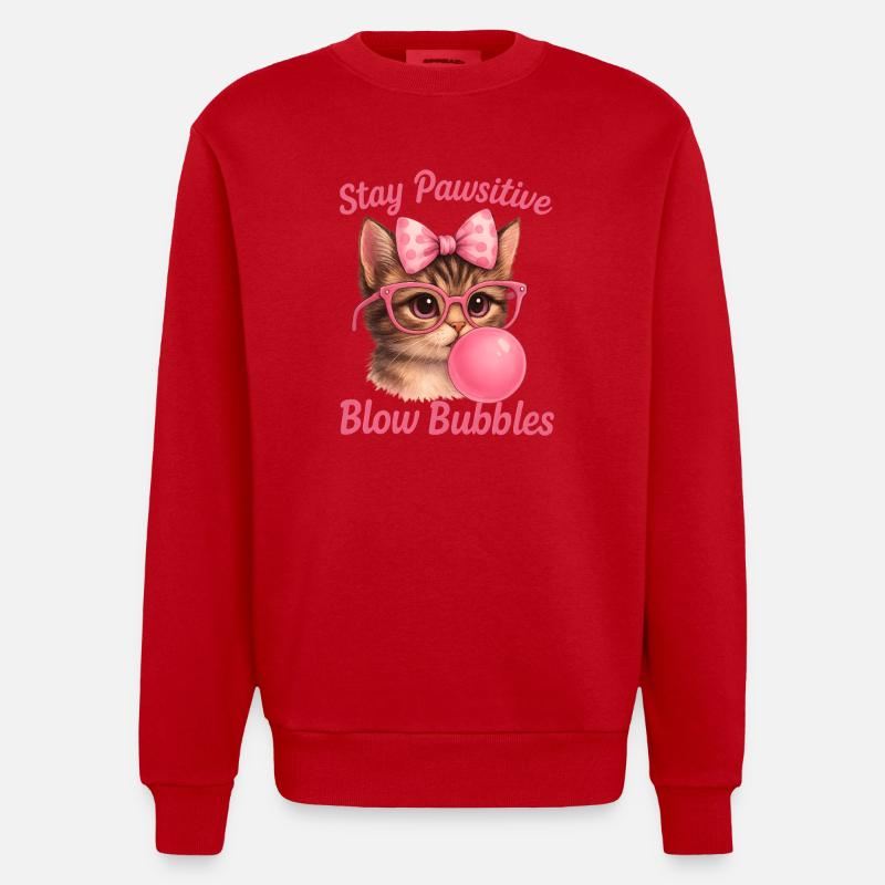 Chat mignon - Stay Pawsitive Blow Bubbles - Sweat bio épais oversize fabriqué en UE - rouge