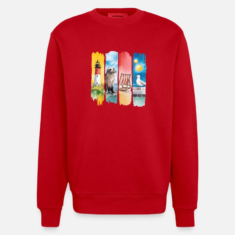 Maritim Leuchtturm Robbe Möwe Küste - Heavyweight Oversized Organic Crew Neck Made in EU - Rot