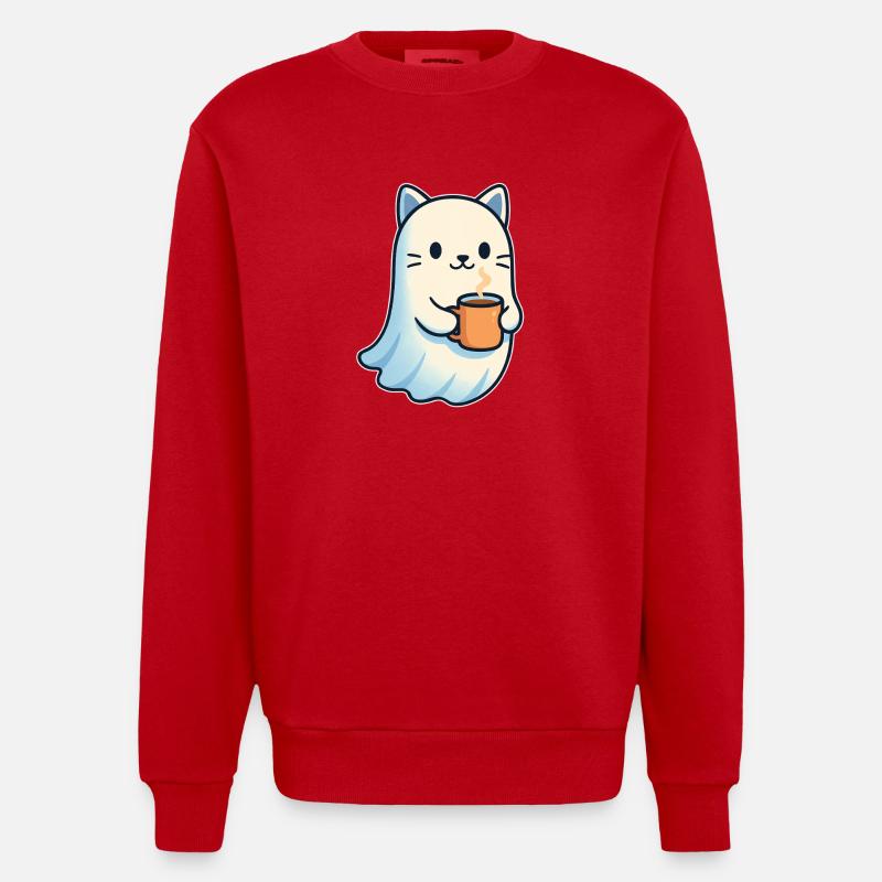 Coffee Ghost Cat with Mug - Heavyweight Oversized Organic Crew Neck Made in EU - red