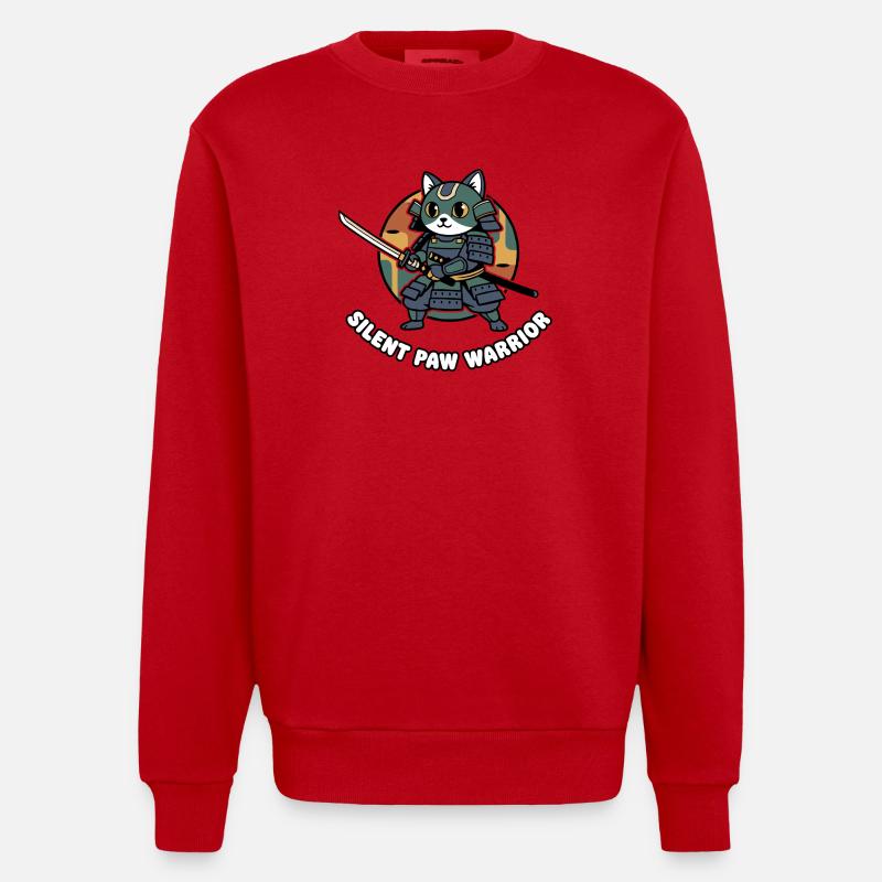 Silent Paws Samurai Warrior Cat - Heavyweight Oversized Organic Crew Neck Made in EU - red