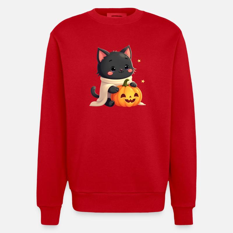 Chat d’Halloween avec citrouille d’Halloween - Sweat bio épais oversize fabriqué en UE - rouge