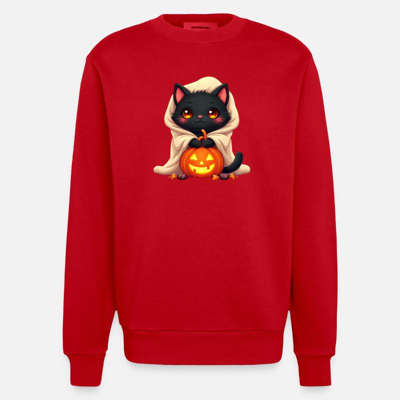 Chat d’Halloween avec citrouille d’Halloween - Sweat bio épais oversize fabriqué en UE - rouge