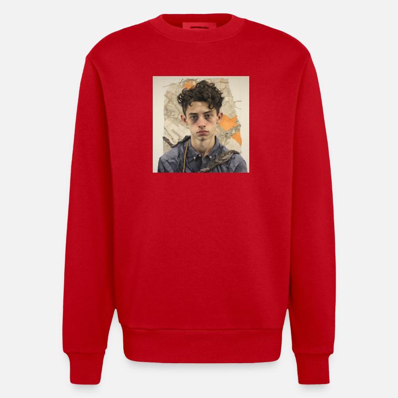 Zerzaustes Haarporträt im Patchwork - Heavyweight Oversized Organic Crew Neck Made in EU - Rot