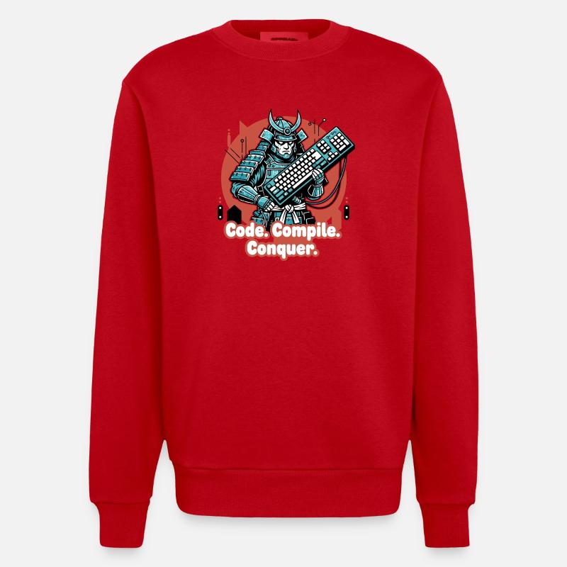 Code Battle Samurai with Keyboard - Heavyweight Oversized Organic Crew Neck Made in EU - red