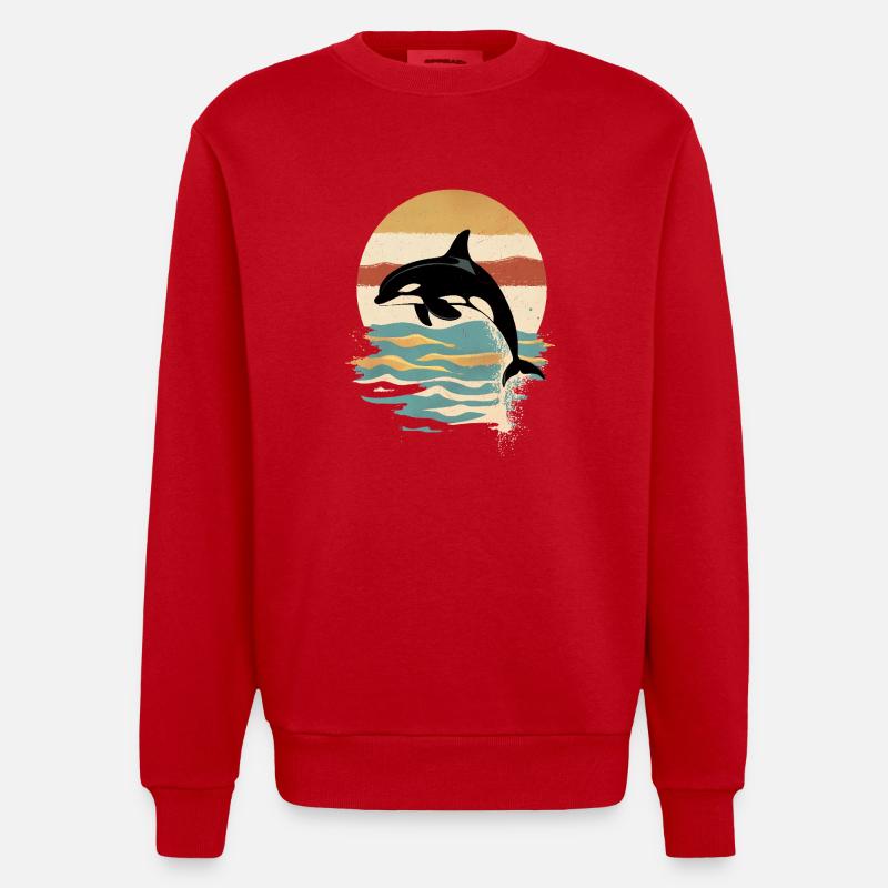 Orca Retro Sunset Ocean - Heavyweight Oversized Organic Crew Neck Made in EU - red