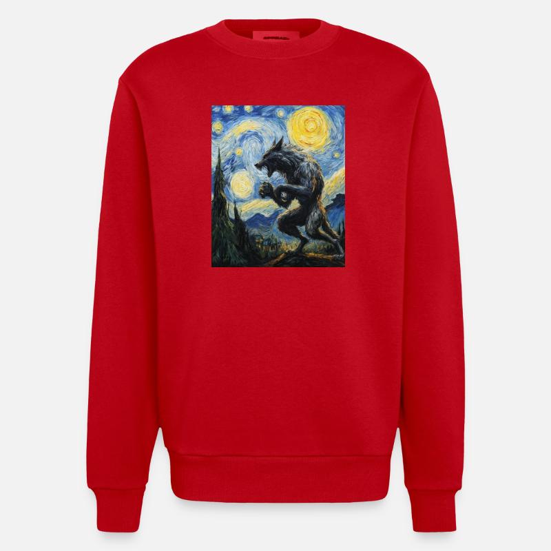 Werwolf Wolf Van Gogh Style - Heavyweight Oversized Organic Crew Neck Made in EU - Rot