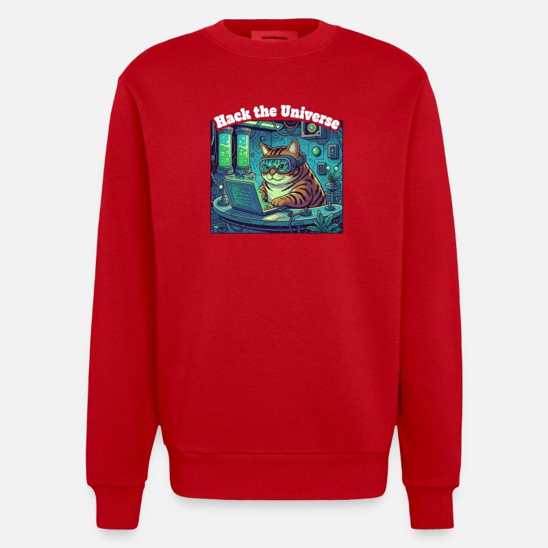 Chat hacker dans l’univers - Sweat bio épais oversize fabriqué en UE - rouge