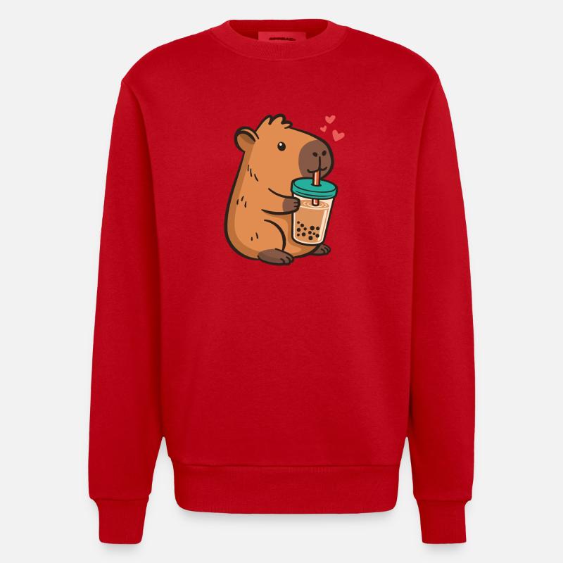 Capybara Bubble Tea Kawaii Boba Tea Milk Tea - Heavyweight Oversized Organic Crew Neck Made in EU - red