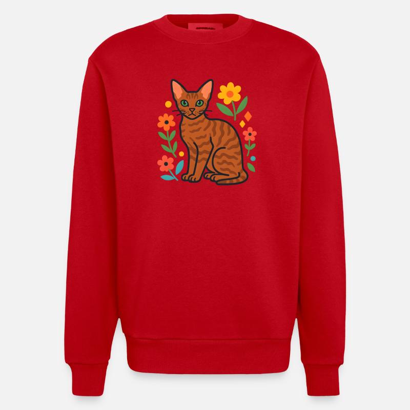Devon Rex' Katze in der Blumenparade - Heavyweight Oversized Organic Crew Neck Made in EU - Rot
