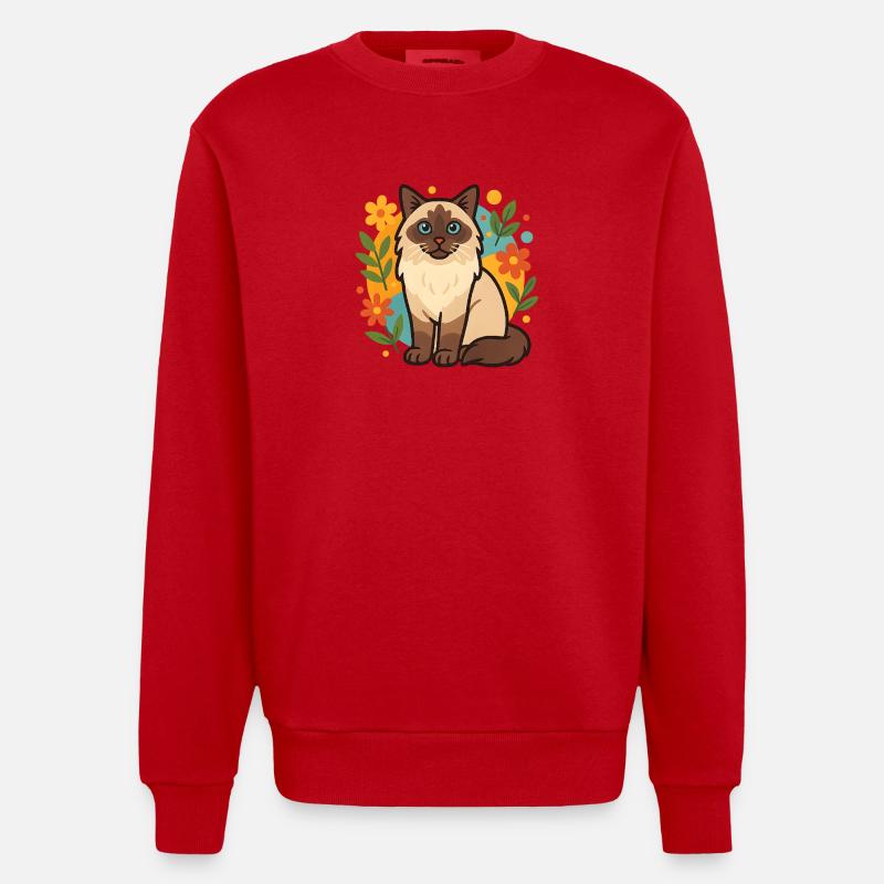 Chat Ragdoll avec cercle de fleurs - Sweat bio épais oversize fabriqué en UE - rouge