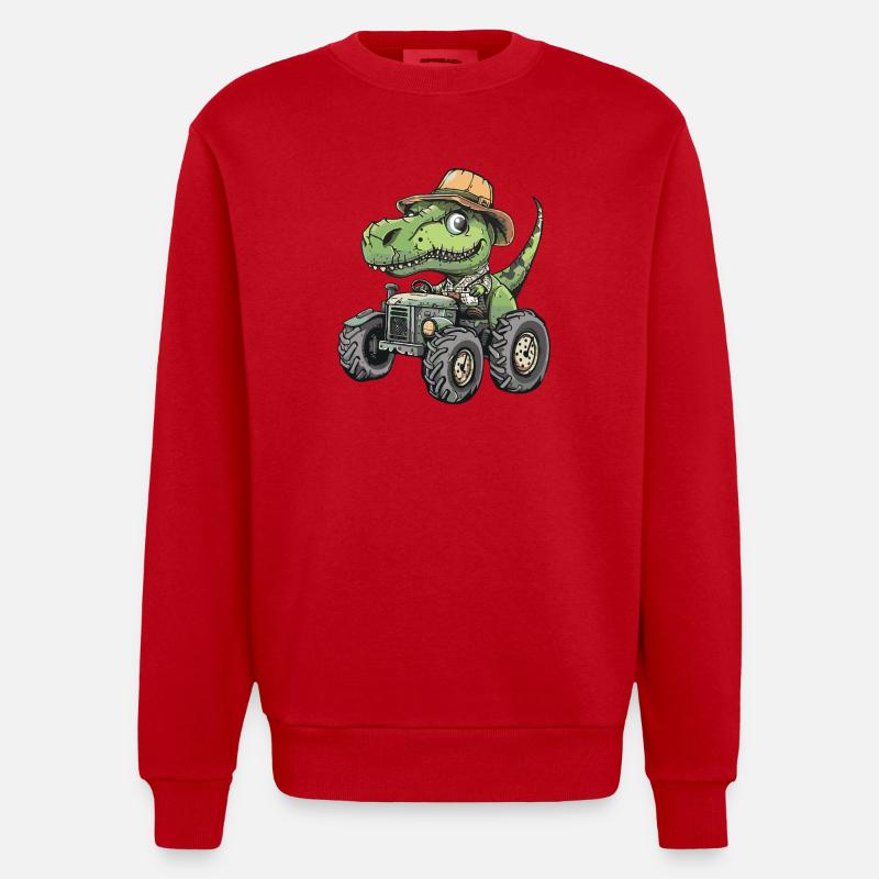 Dinosaurier T-Rex Traktor Farmer - Heavyweight Oversized Organic Crew Neck Made in EU - Rot