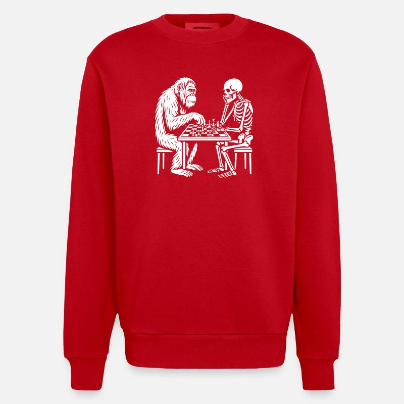 Primate vs Skeleton Chess Duel - Heavyweight Oversized Organic Crew Neck Made in EU - red