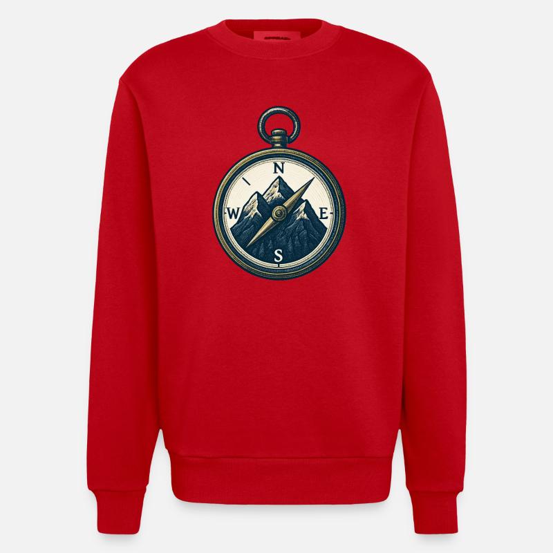 Compass Mountain Trek Azimut Wandergeschenk - Heavyweight Oversized Organic Crew Neck Made in EU - Rot