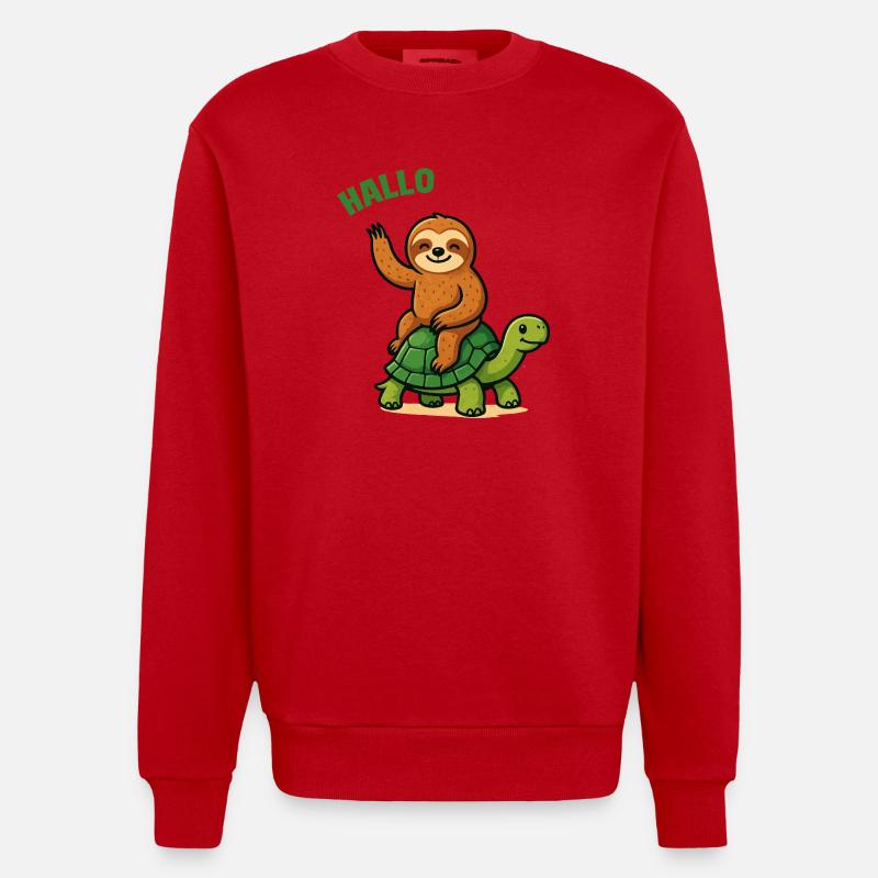 Hello sloth on turtle - Heavyweight Oversized Organic Crew Neck Made in EU - red