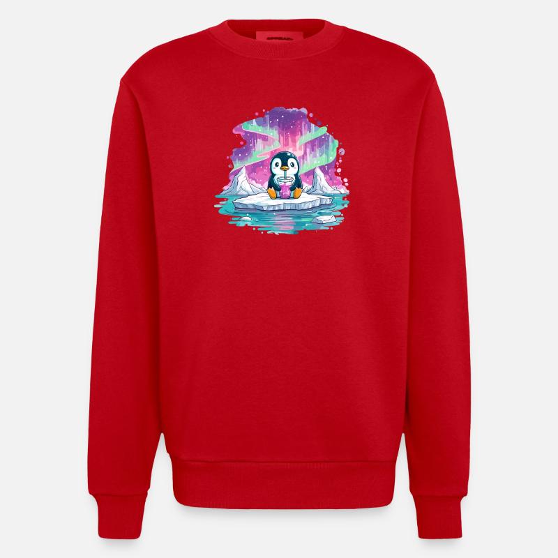 Pingouin sur glace avec boisson rose - Sweat bio épais oversize fabriqué en UE - rouge