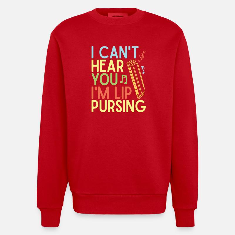 Funny Harmonica Player Lip Pursing Harmonica - Heavyweight Oversized Organic Crew Neck Made in EU - red
