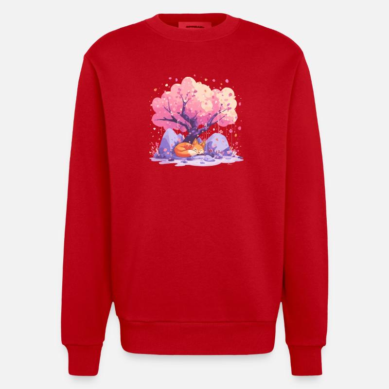Sleeping fox under cherry tree - Heavyweight Oversized Organic Crew Neck Made in EU - red