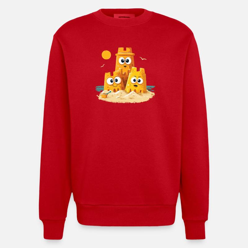 Beach Castles Trio with Face - Heavyweight Oversized Organic Crew Neck Made in EU - red